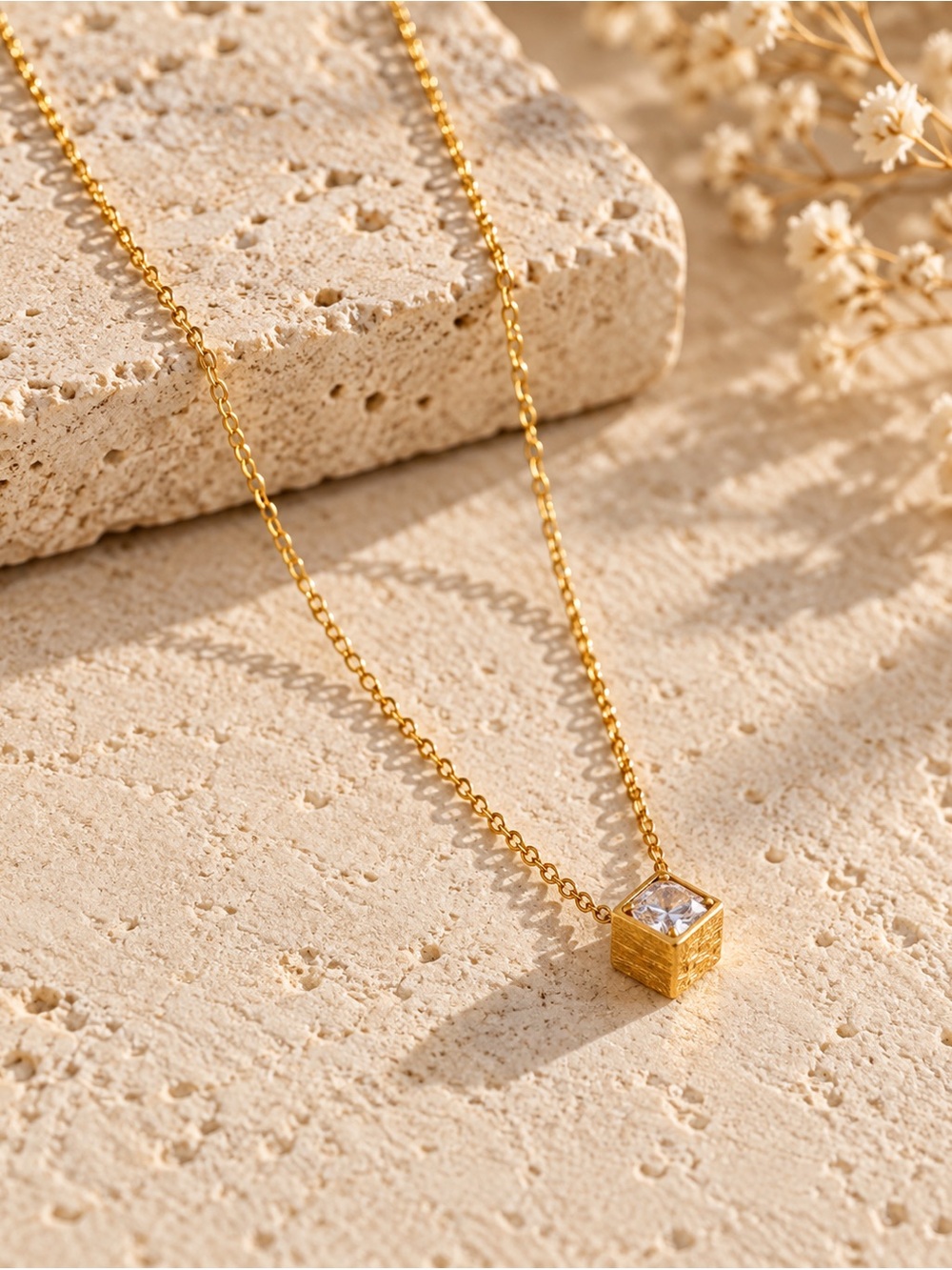 Anthropologie Gold Cube Pendant Necklace with Clear Stone